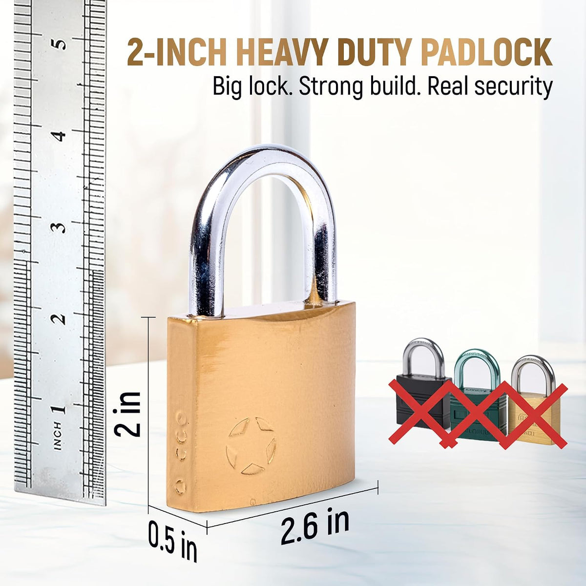 Keyed Padlock – Lock with 5 Keys – Large 2 Inch Size - Weatherproof Outdoor Solid Brass Lock with Hardened Steel Shackle