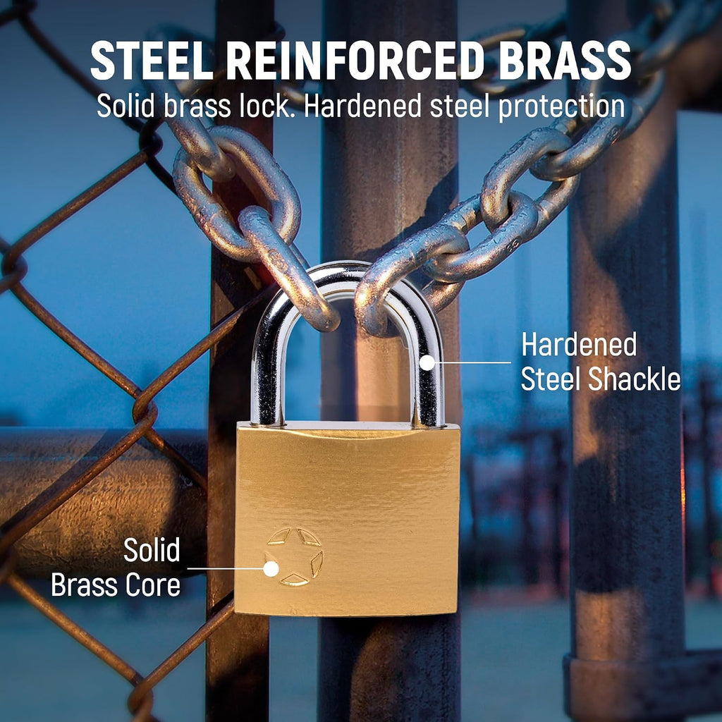 Keyed Padlock – Lock with 5 Keys – Large 2 Inch Size - Weatherproof Outdoor Solid Brass Lock with Hardened Steel Shackle