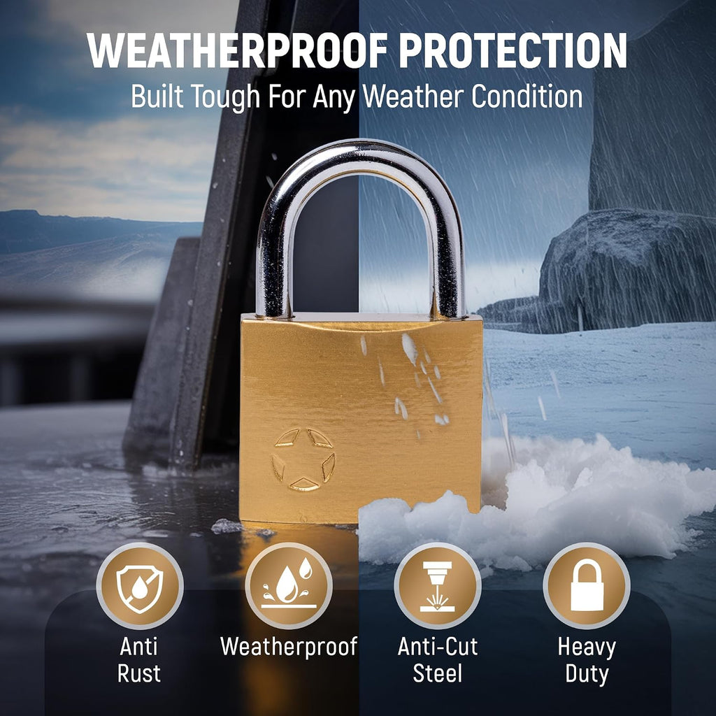 Keyed Padlock – Lock with 5 Keys – Large 2 Inch Size - Weatherproof Outdoor Solid Brass Lock with Hardened Steel Shackle